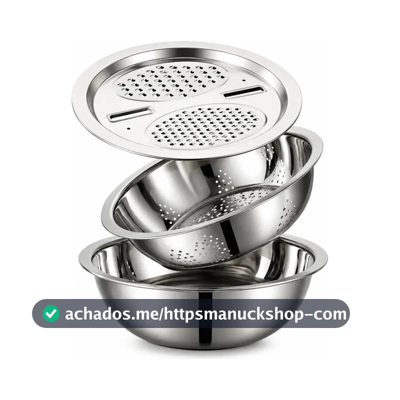 Kit Tigela Inox 6 em 1 com Escorredor e Ralador Cortador Bowl Multifuncional Macarrão Alimentos
