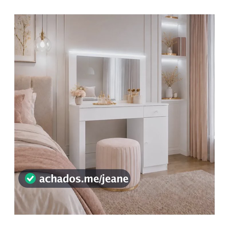 Penteadeira Escrivaninha Camarim Estela Com Espelho LED 2 Gavetas Organizadoras Para Maquiagem 108 Cm Branca Liberty Móveis