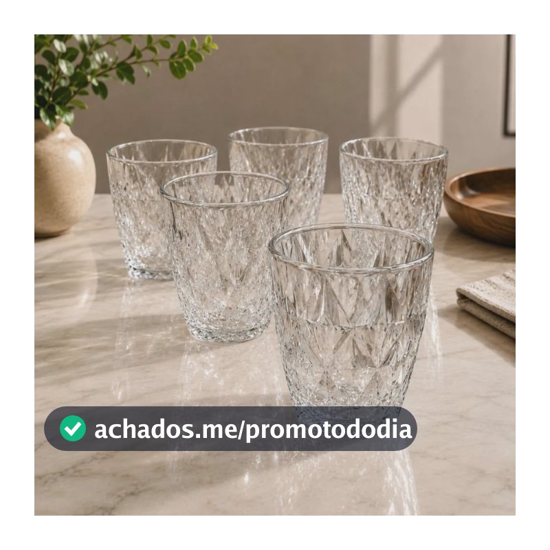 Jogo 6 Copos Baixos Diamond 300ml Vidro Resistente Diamante Transparente