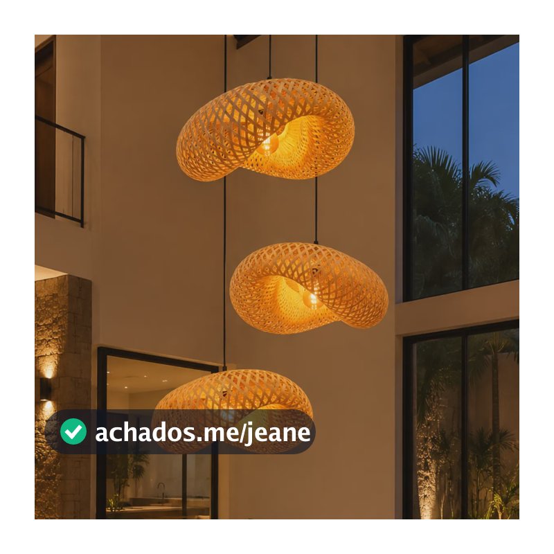 Kit 3 Luminárias Pendente Rústico Bambu Design Orgânico Teto 127/220v Palha