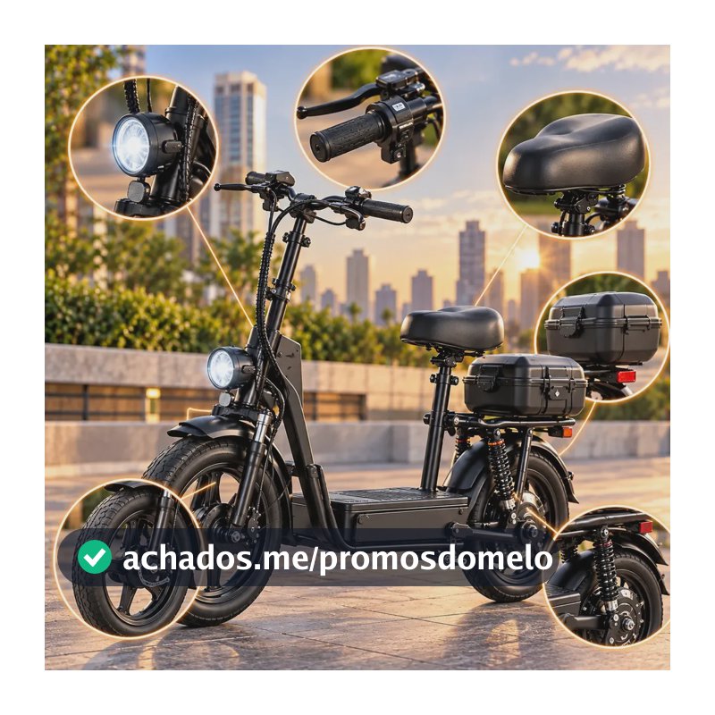 Bicicleta Elétrica 500W 48V Bateria de Lítio Dobrável com Banco Baú Traseiro Farol Freio Hidráulico Aro 14 Velocidade 32km/h Autonomia Até 25km Preta Mobilidade Urbana