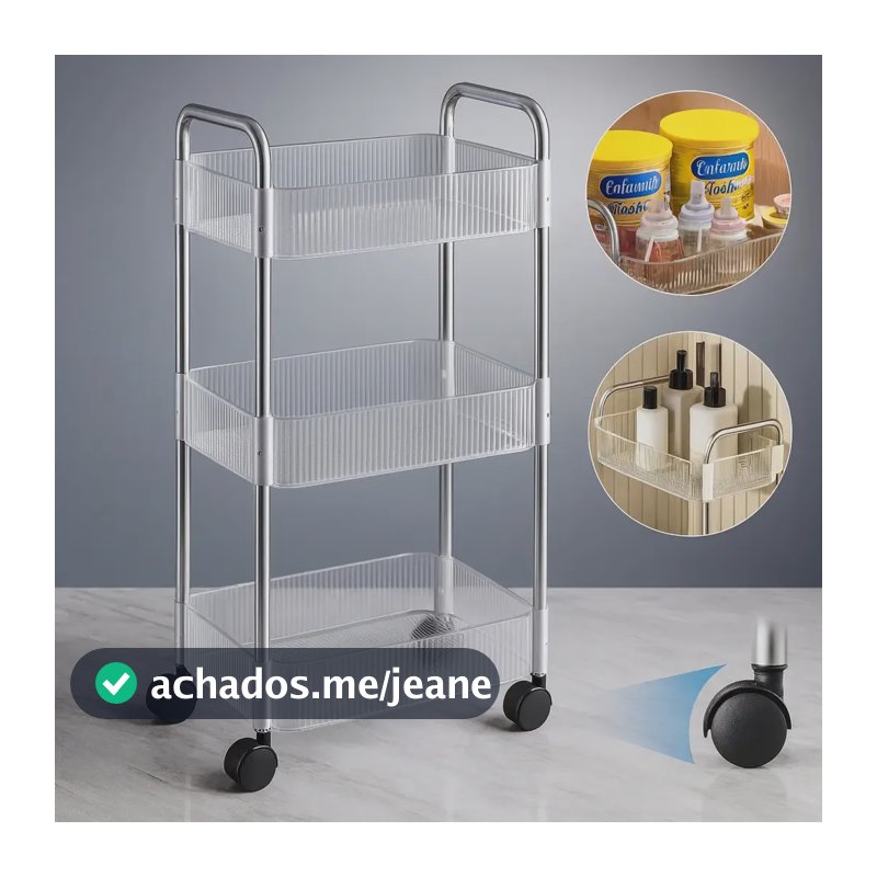 Carrinho De Canto Organizador Auxiliar Rodinha Prateleiras Cristal