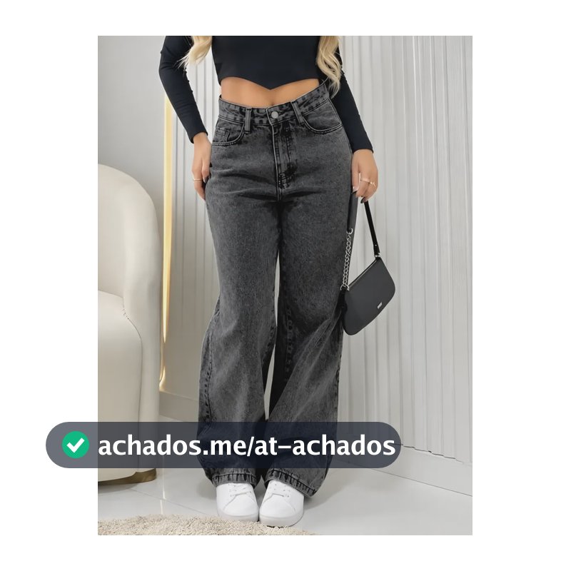 Calça Jeans Wide Leg Feminina Cintura Alta Pantalona Preto Black Marmo Liso 40