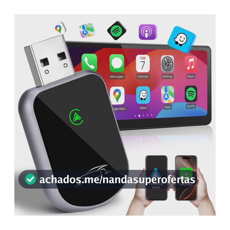 Adaptador CarPlay Sem Fio e Android Auto Wireless para USB/USB-C, com iPhone e Android, Plug and Play