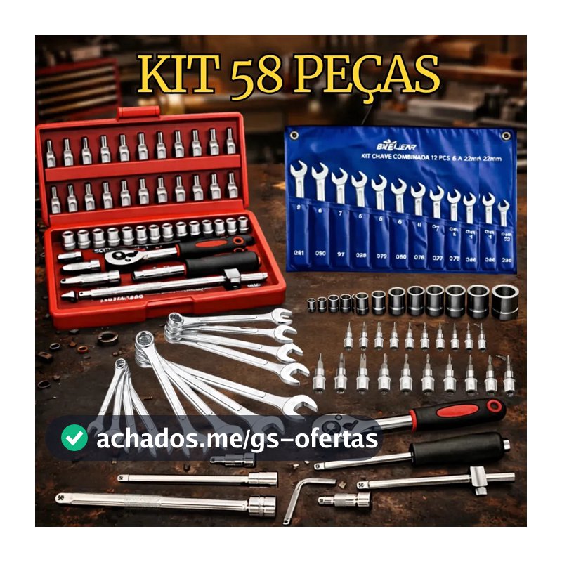 Kit Jogo De Ferramentas 58 Peças Completo Profissional Soquete 46 Peças + Chave Combinada 12 Peças Conserto Carro Moto Casa Oficina Kit Soquetes Com Catraca 46 Peças + Jogo 12 Chaves + Maleta Hexon
