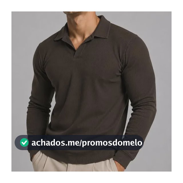 Camisa Polo Masculina Manga Longa Canelada Sem Botão Marrom Liso M
