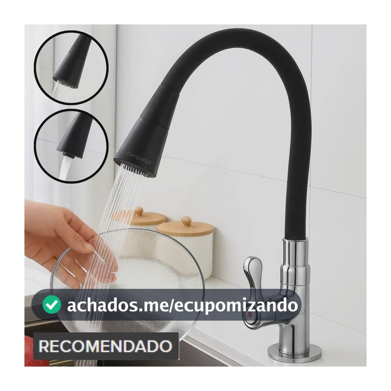 Torneira Gourmet Luxo Flexível Cozinha Cuba/Bancada 2 Jatos Turbo Cor Preto - Marca Camperluz