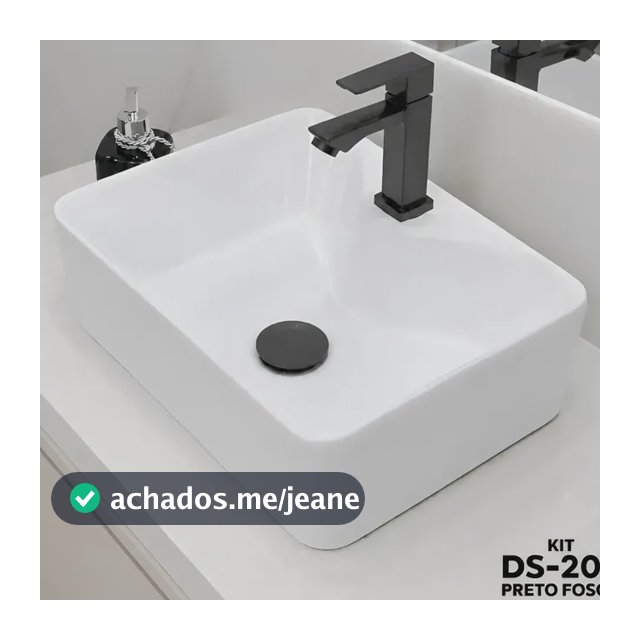 Kit Completo De Cuba Pia Apoio 30x40 Branca Louça Banheiro Lavabo Com Brinde De Válvula Click Preta Fosca + Torneira Lavatório Preta Fosca Bica Baixa Metal Grátis Quadrada Acompanha Itens De Graça