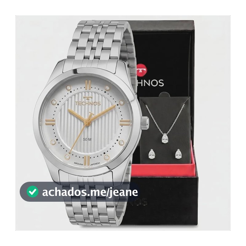 Kit Relógio Feminino Technos Boutique 32 Milímetros Aço Inoxidável Analógico Prateado com Detalhes Dourado Cristais no Mostrador Prova D'Agua 50m com Colar e Brincos Presente 2036MSY1K