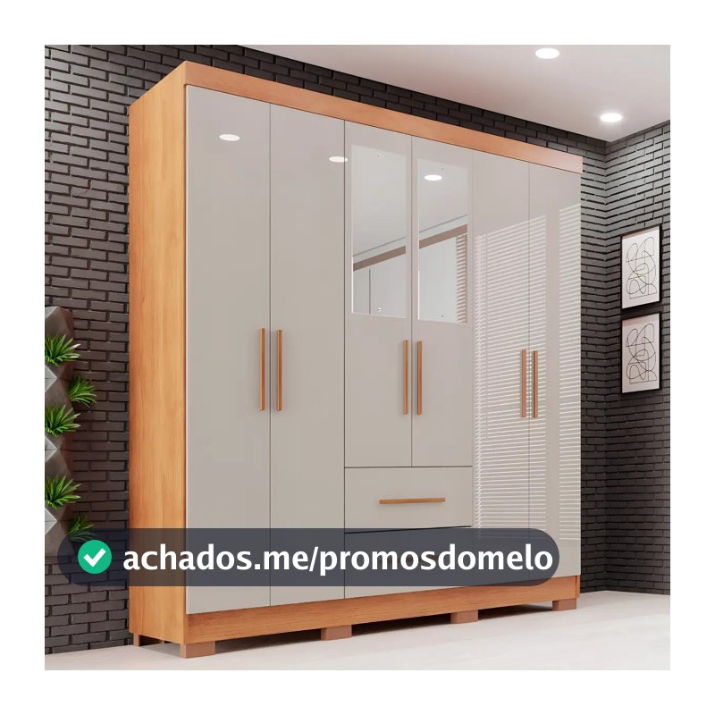 Guarda-roupa Casal com Espelho 6 Portas 2 Gavetas Sallêto Cinamomo/Off White
