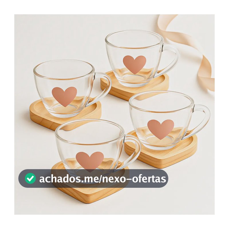 Jogo Xícaras Chá Café Vidro Com Pires Madeira Coração 8 Pçs Rosa 4 Xícaras Chá Coração Rosa E 4 Pires