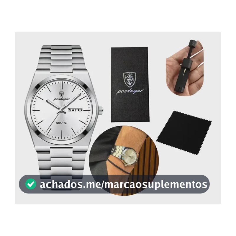 Relógio Poedagar Suiço  Masculino Aço Inox Old Money C/caixa Branco Prateado