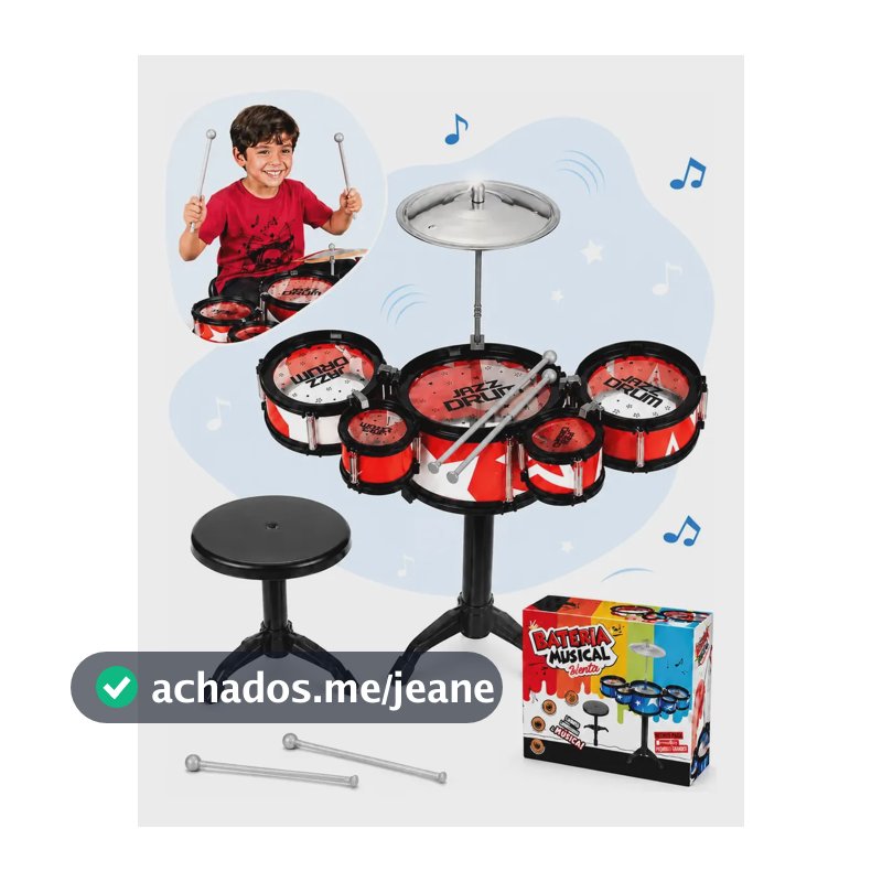 Mini Bateria Infantil Completa Com Banquinho Instrumento 5 Tambores Brinquedo Menino Criança Kizumba