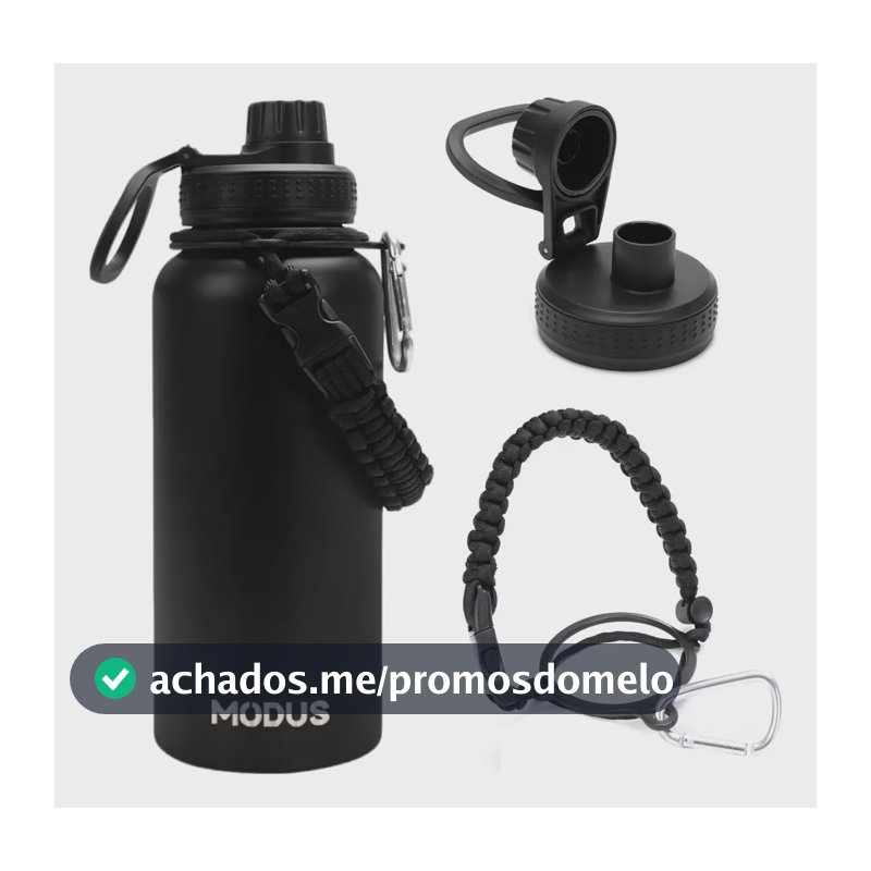 Garrafa Térmica 1000ml Aço Inox 304 Gelo 18h Quente 12h Com Alça Paracord Cor Preta-j252