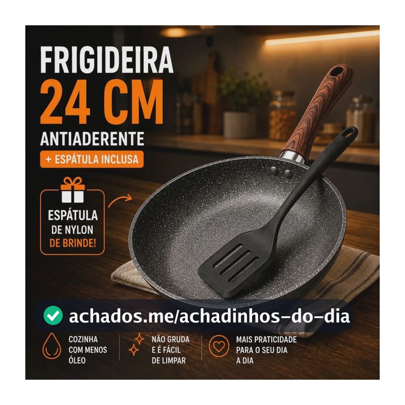 Frigideira Antiaderente Cerâmica Granito 24cm com Espátula Cabo de Madeira Indução Cooktop e Fogão a Gás Não Gruda Sem Óleo Viacruz