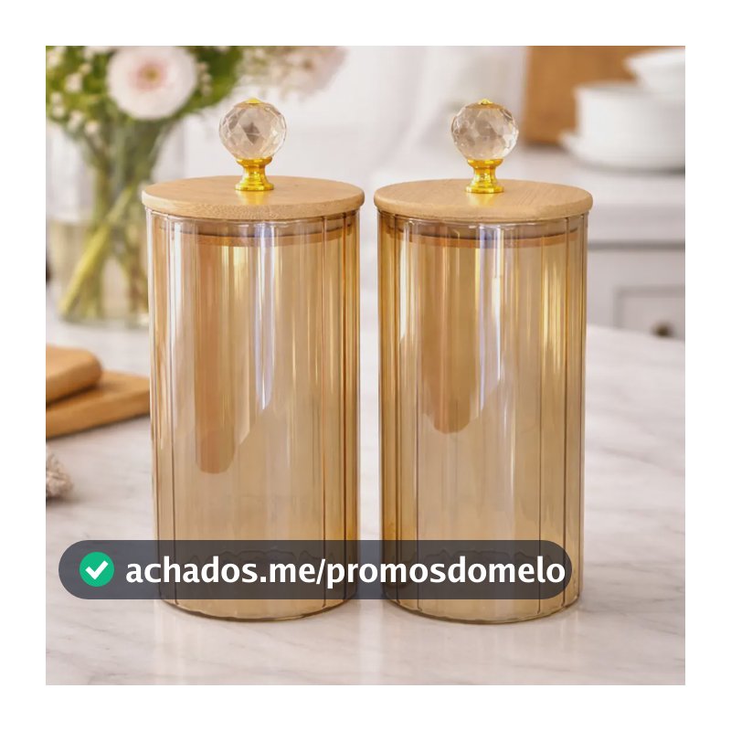 Kit 2 Potes Vidro Canelado Tampa Bambu Hermético 1l Âmbar
