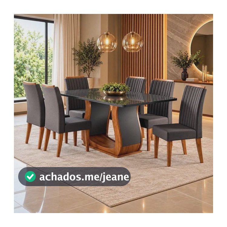 Mesa De Jantar 160x80cm Tampo Com Vidro 6 Cadeiras Fj Mel/cinza