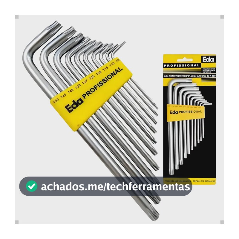 Jogo Chave Torx Tipo L 10 Peças T9 a T50 Aço Carbono Eda
