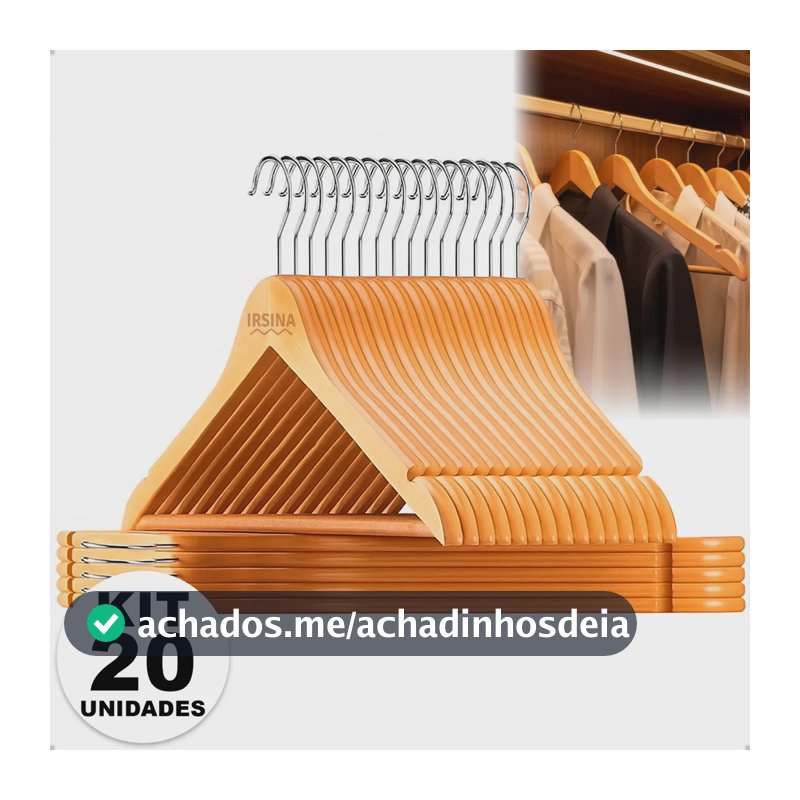 Kit Cabide Madeira Mafim Antiderrapante para Roupa Adulto Reforçado Irsina