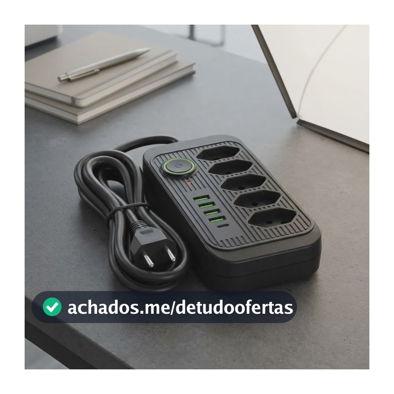 Extensão Elétrica 5 Tomadas 4 Usb Type-c Cabo 2m Bivolt 10a 5 Tomadas 4 Usb 1 Usb-c 2m Preto 127/220v