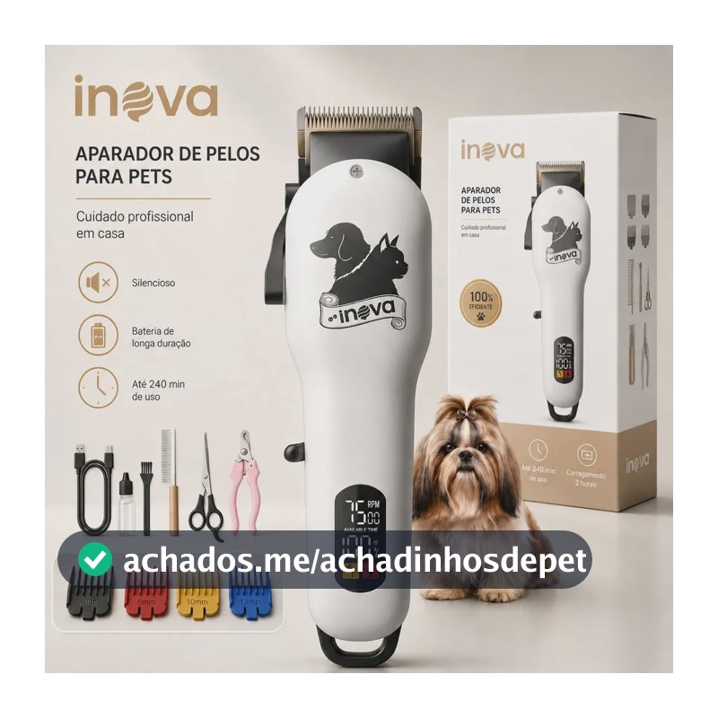Máquina de Tosa Pet Profissional Inova LFJ-13498 Sem Fio 7500 RPM Silenciosa Display LED 240 Min 4 Pentes Kit Completo Cães e Gatos