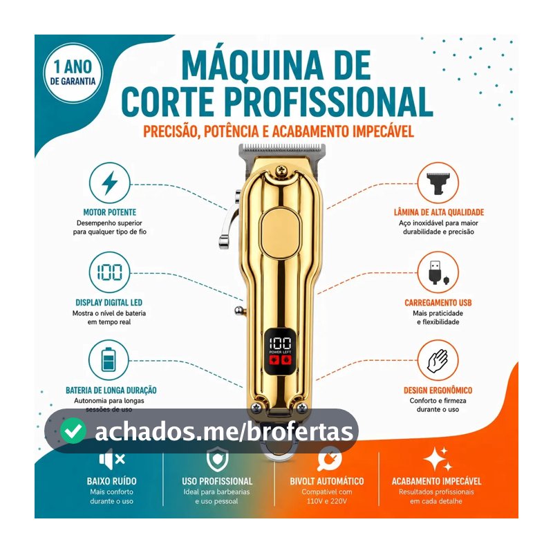 Máquina De Cortar Cabelo Profissional Sem Fio Com Visor Led Lâmina De Titânio Com Alavanca De Regulagem Dourado 3tech