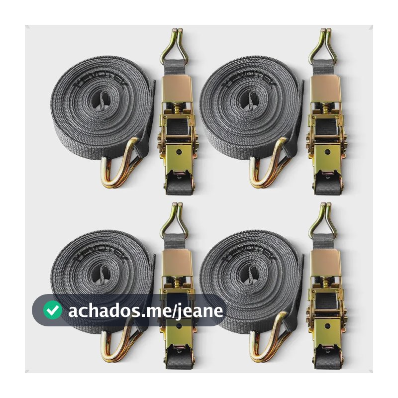 4x Cinta Catraca 800kg Reforçada Amarração Carga 4,6m Gancho Cor Cinza