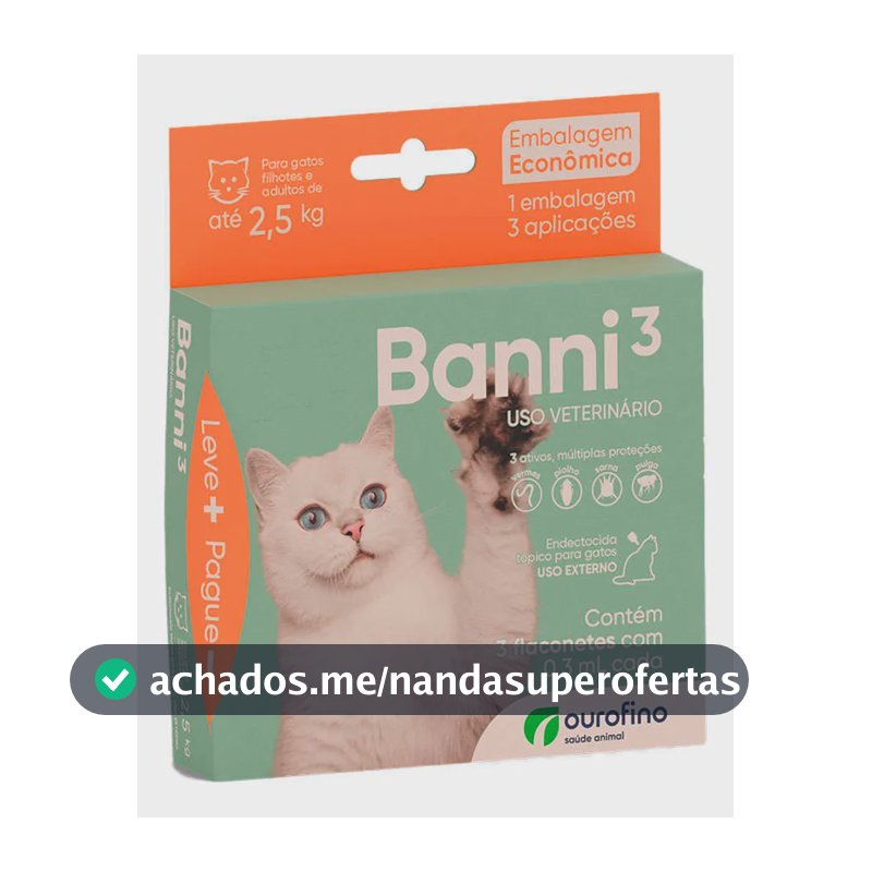 Banni3 Ourofino Antipulgas e Vermífugo para Gatos até 2,5kg 0,3ml Combo 3 Pipetas