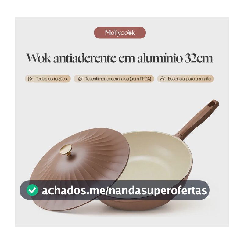 Panela Wok Akoya Alumínio fundido Antiaderente 32cm 5.7L Mollycook Wok Indução Gás Com Tampa Marrom