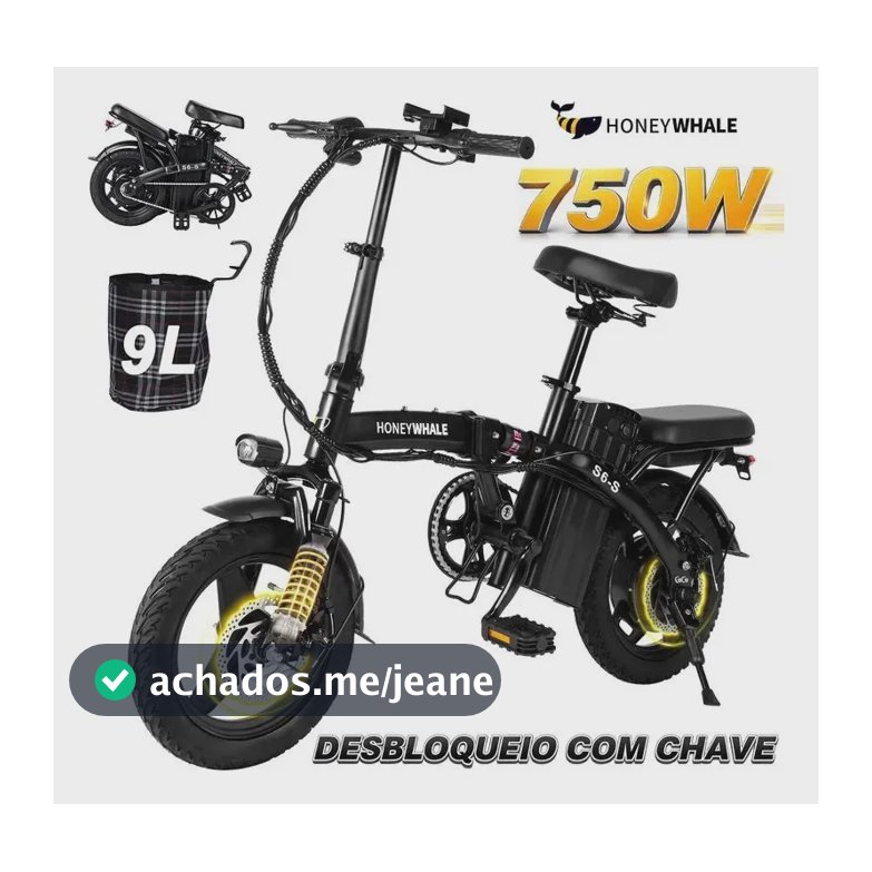 Honeywhale S6-s Bicicleta Elétrica Adulto, 750w-40km-35km/h-125kg, Scooter-Ebike-velocidade-autonomia-carga-fat-de-dobrável, Bike Com Sistema De Freios A Disco, Faróis Dianteiros, Honey Whale Preto