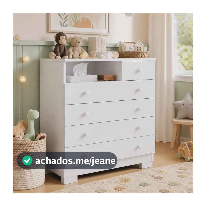 Cômoda Infantil 5 Gavetas Para Quarto Multiuso Bebê Com Nicho Organizadora Guarda Roupas De Criança Amora Cor Branco