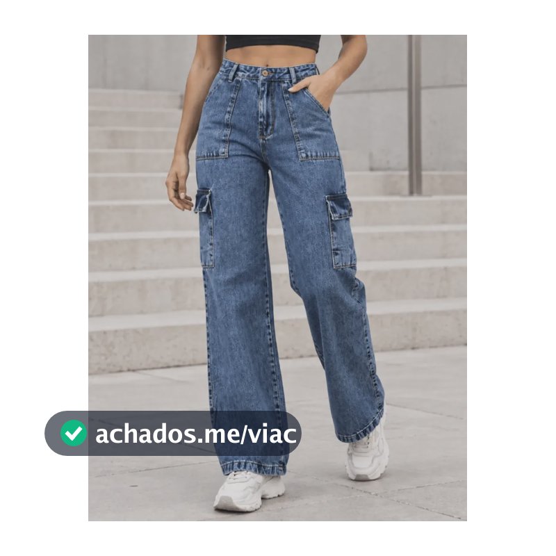 Calça Cargo Wide Leg Jeans Feminina Cintura Alta Bolsos Jeans Claro Liso 42