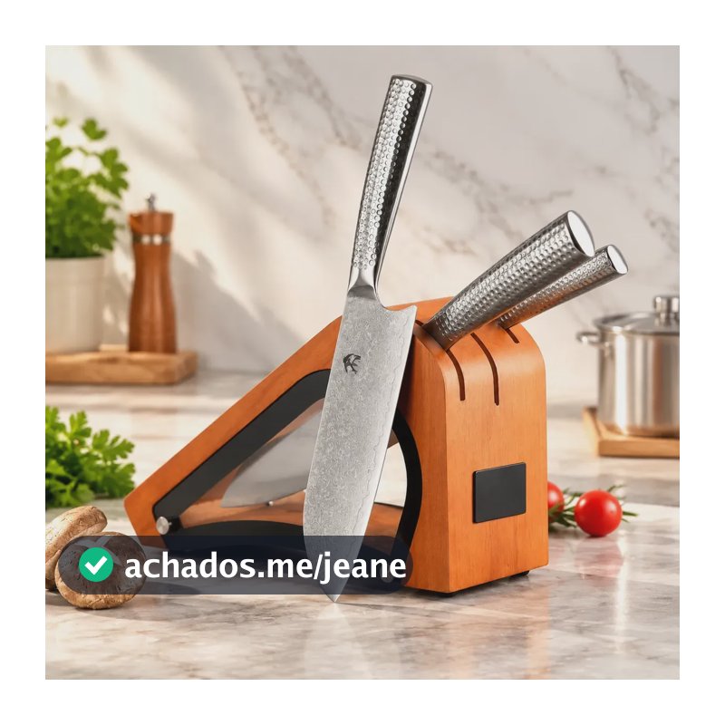 Facas Chef Vg10 67 Camadas, Kit 3 Peças Com Bloco Premium Chocolate