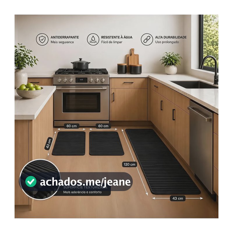 Jogo 3 Peças Tapete Passadeira Antiderrapante Impermeável 1.2 M 43 Cm Preto