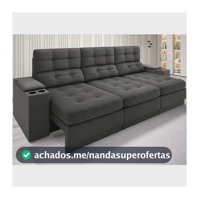 Sofá Retrátil Reclinável 4 Lugares Eureka 2,30m Velosuede USB Porta Copos Cinza