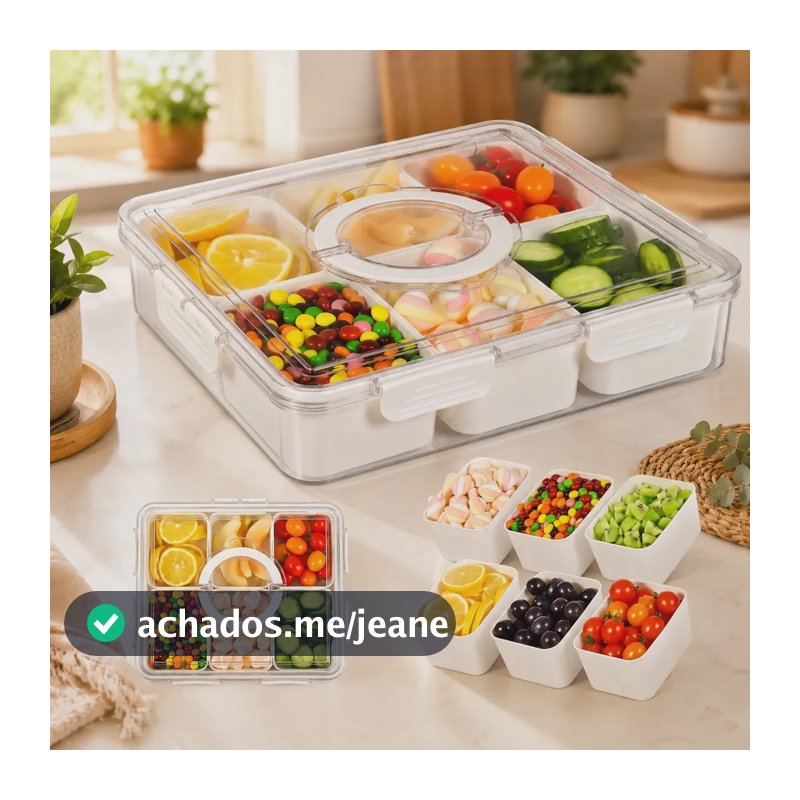 Pote Hermético Organizador De Geladeira Grande Com 6 Divisórias 8 Travas E Alça 5,6l Acrílico Para Frutas E Petiscos Branco