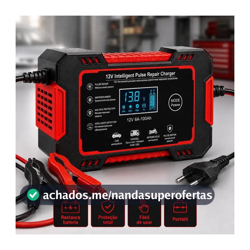 Carregador Inteligente de Bateria Automotiva 12V 6A Bivolt com Display Digital para Baterias 4Ah a 100Ah Carro Moto Utilitário Barco Caminhão Recupera Bateria