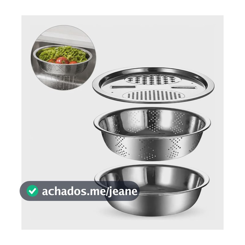 Kit Ralador Escorredor Tigela Inox 3 Em 1 Multiuso Prateado