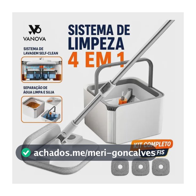 Mop Plano com Balde VANOVA Sistema de Separação de Água Limpa e Suja 3 Panos de Microfibra Uso Seco e Úmido Cabo Ajustável de 110 a 130 cm e Base de 32 cm