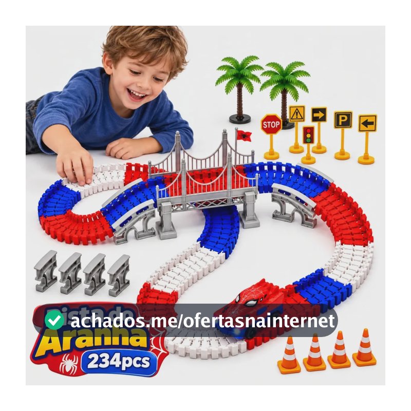 Pista de Carrinho Flexível Aranha 234 Peças Com Luz, Ponte Suspensa, Rampas, Placas E Acessórios Para Montar Diferentes Circuitos Lançador