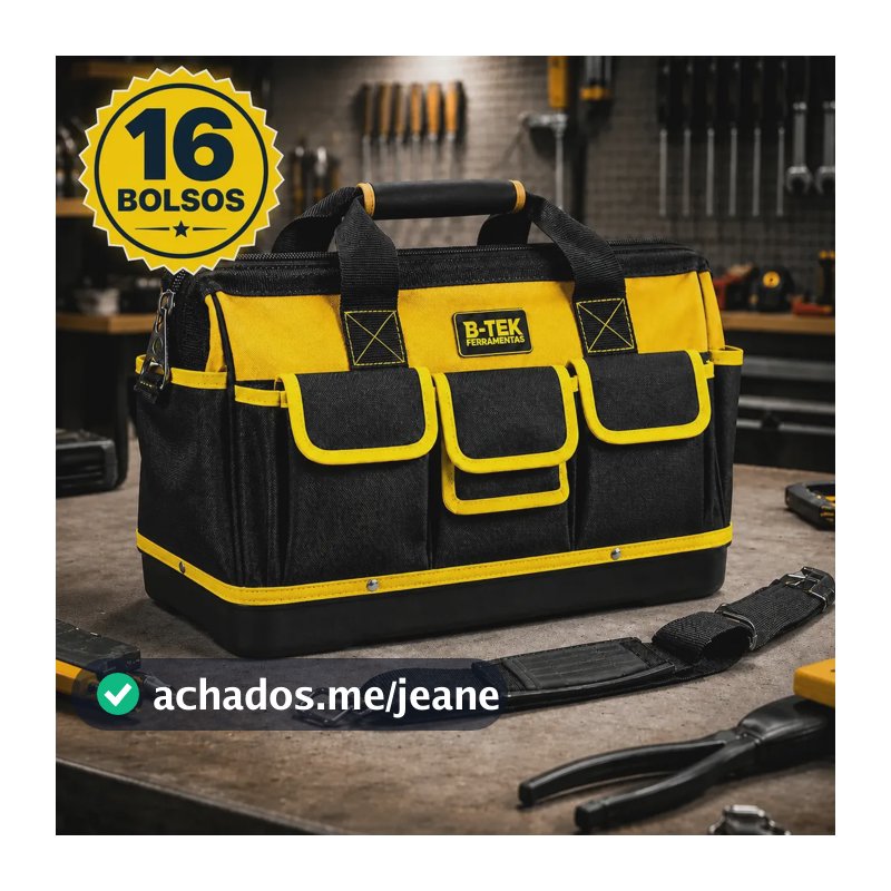 Bolsa Ferramentas Reforçada Grande Lona B-TEK BT-398 Mala 16 Bolsos 15kg Eletricista Encanador Mecânico Mochila Fundo Emborrachado Manutenção Predial Porta Ferramenta Profissional Preto E Amarelo