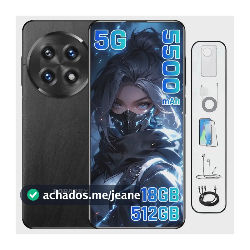 Celular Bobarry Pro 13 5G 12GB+512GB Android 16 Tela 6,82" Bateria 5500mAh Câmera 48MP + 24MP Alto-falante Estéreo Reconhecimento Facial e Digital Preto