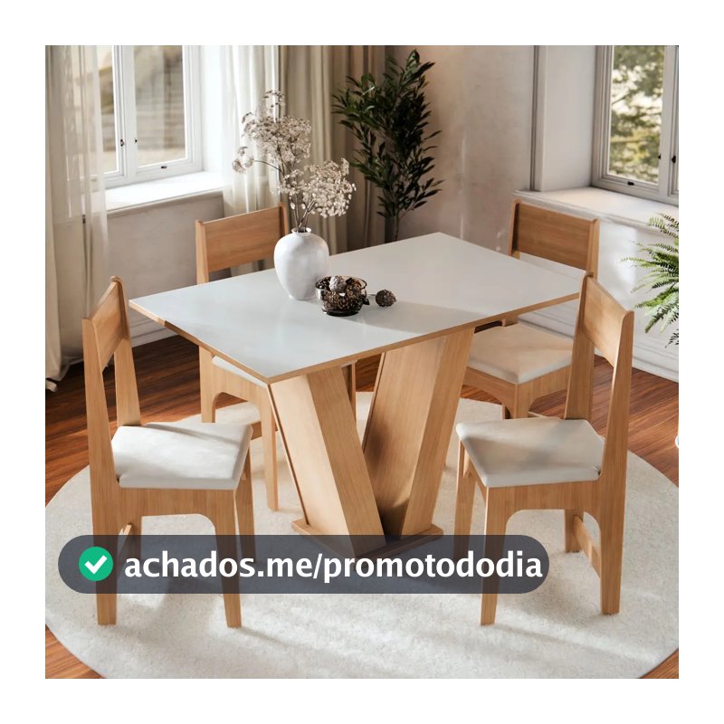 Conjunto Sala de Jantar 4 Lugares com Cadeiras Estofadas Mesa Com Tampo Retangular Semelhante Vidro Base V Mel Branco Off White