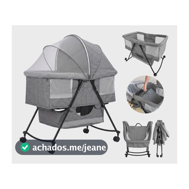 Berço Portátil PipDip Dobrável com Balanço e Mosquiteiro para Bebê Recém-nascido até 15kg, Cinza Mescla Linho