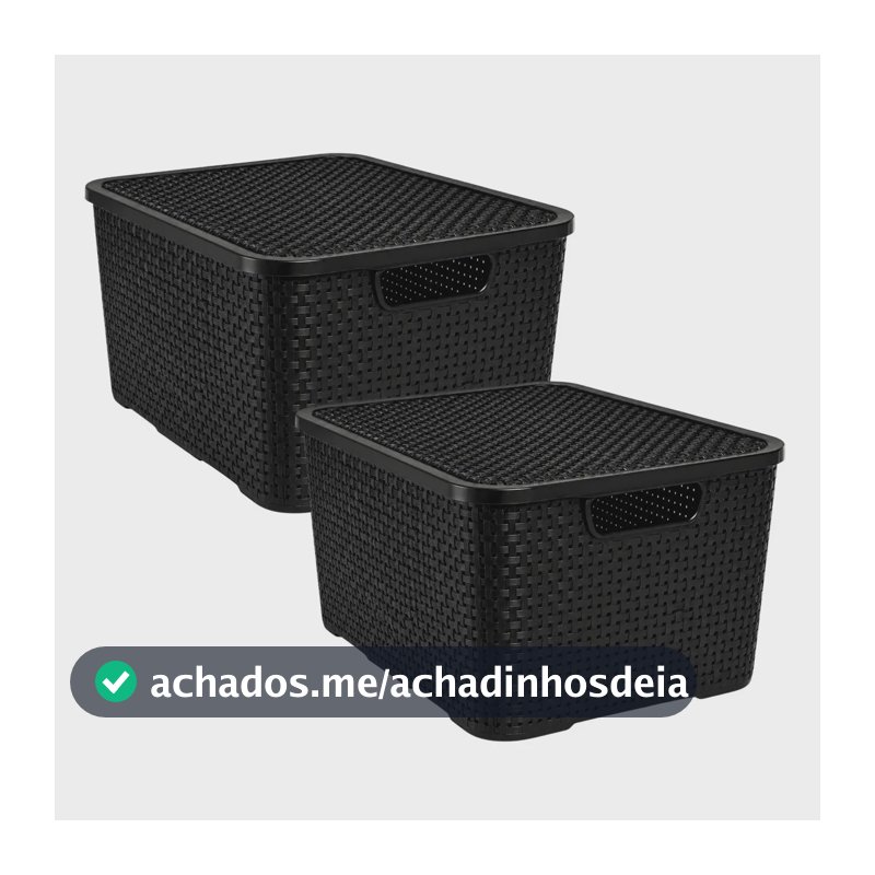 Kit 2 Cestos Organizadores de Rattan Pretos com Tampa e Alças de 7 Litros