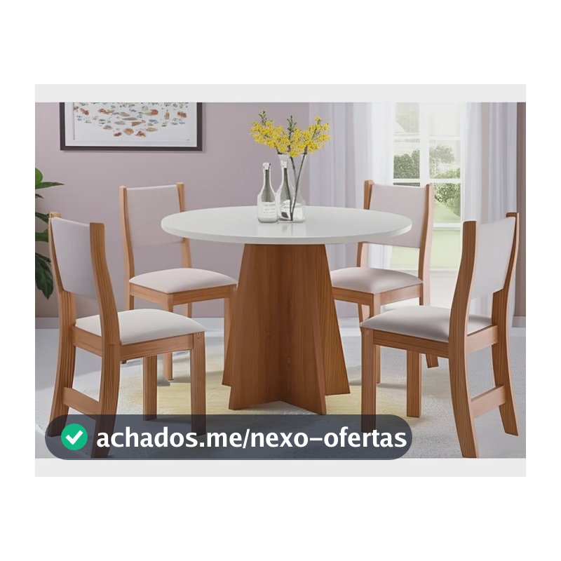 Conjunto De Mesa Vieiro Slin Redonda Com 4 Cadeiras Tampa Linho Pés Amendoa