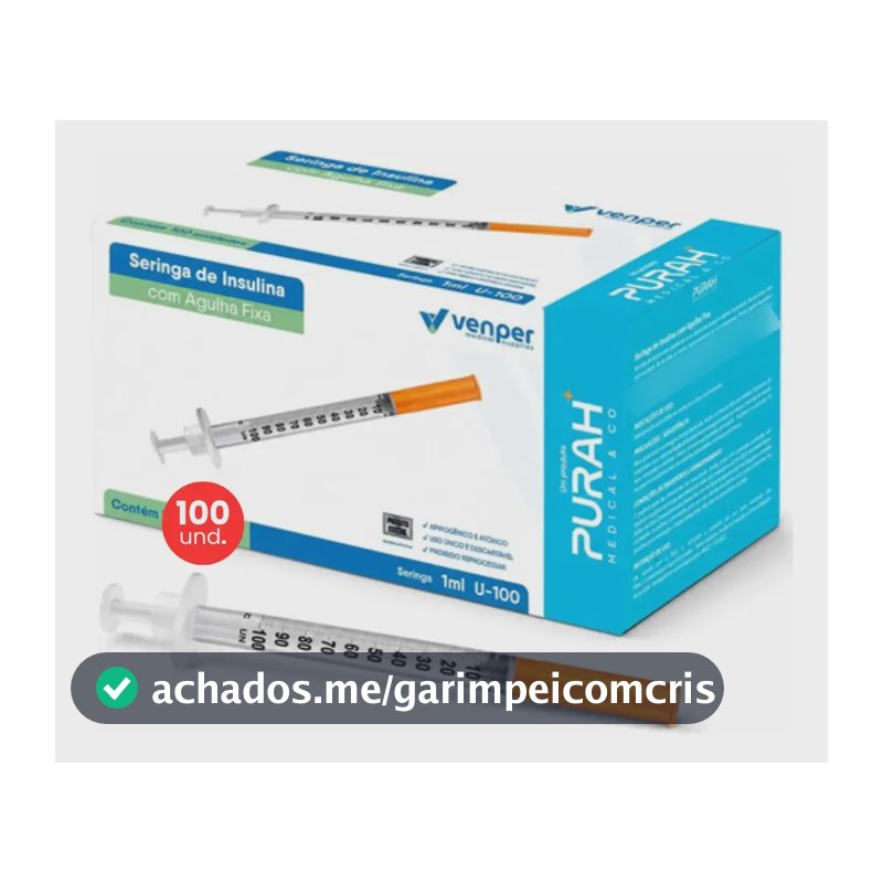 Seringa Insulina 1 ml Agulha Fixa Ultrafina 0,30mmx8mm Venper 100 Unidades