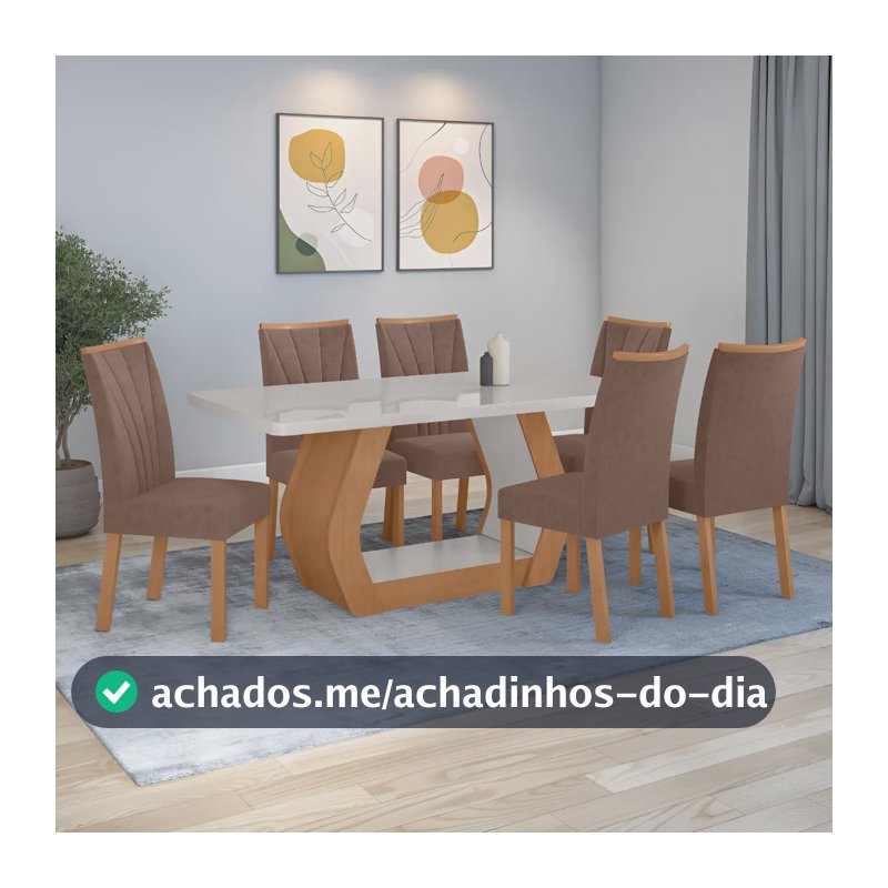 Conjunto Sala de Jantar Easy Tower 6 Cadeiras Couro Morano Avelã