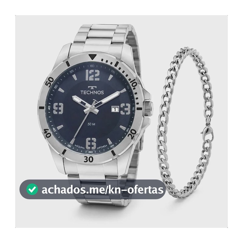 Relogio Technos Masculino 2115MYN/1A 45 Milímetros em Aço Inoxidável com Calendário Fundo Azul Petróleo + Pulseira Masculina