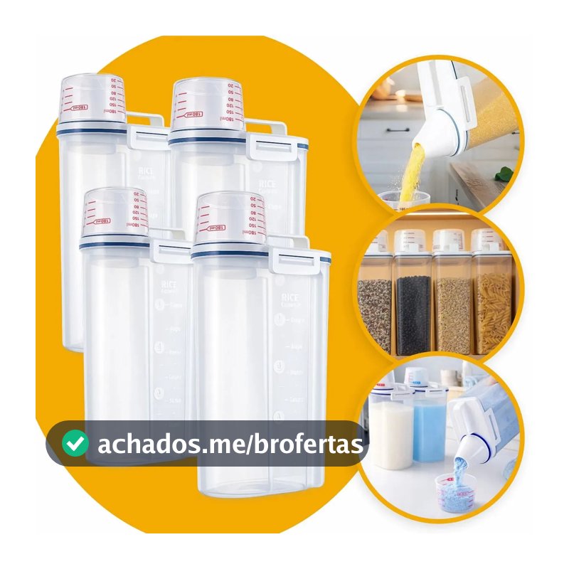 Conjunto 4 Potes Herméticos 2,5 Litros Multiuso Dispenser De Armazenamento De Grãos Cereais Ração Sabão Com Copo Medidor E Bico Dosador Com Travas Dispenser Alimento 2,5 Litros Drop Shopy